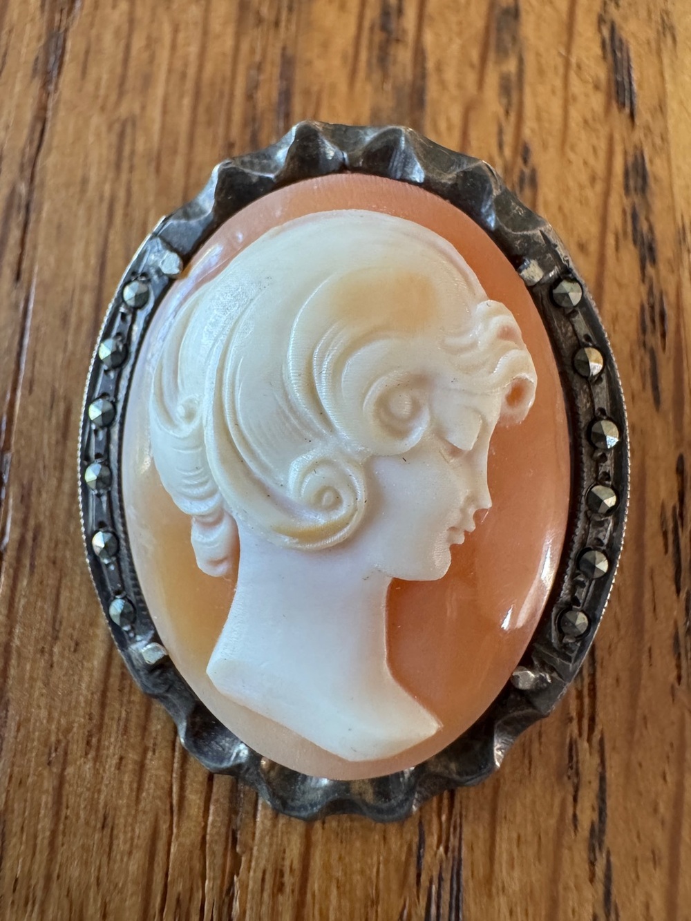 Vintage Art Deco .935 Silver Marcasite Shell Cameo Brooch & Pendant
